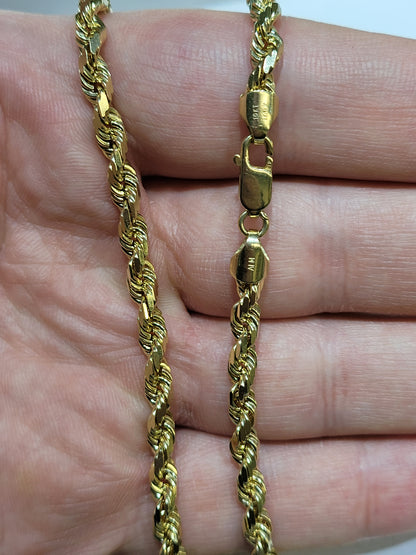 Solid 4 MM Diamond Cut Rope Chain 10k Gold